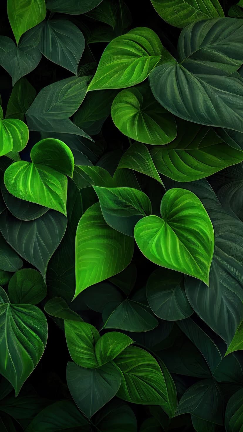 Dark green tropical leaves with sunlit veins and glossy surfaces overlap to form a dense botanical pattern backdrop.