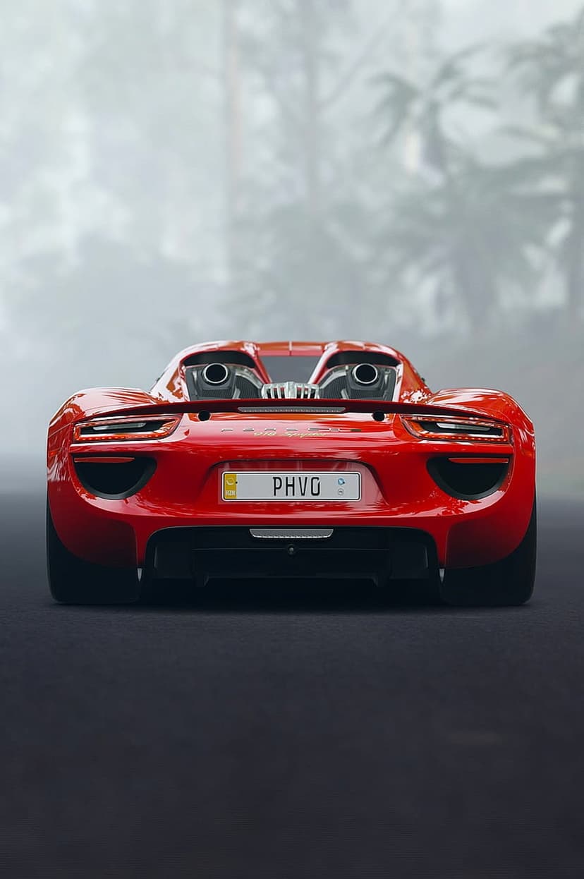 Red Porsche 918 Spyder rear view featuring high exhaust pipes and slim taillights against a foggy forest backdrop.