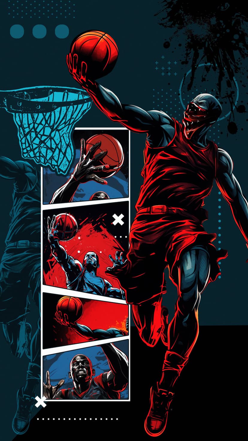 Basketball player leaping for a dunk amidst red comic book panels and action lines on a dark textured background.