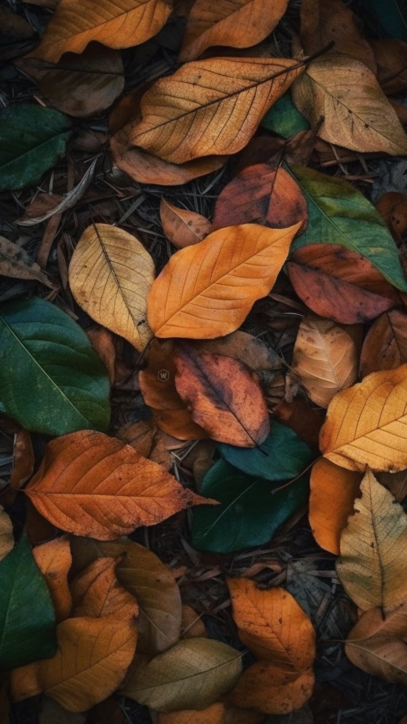 Fallen maple and oak leaves in shades of orange and green rest on dark soil and dry grass in a close-up.