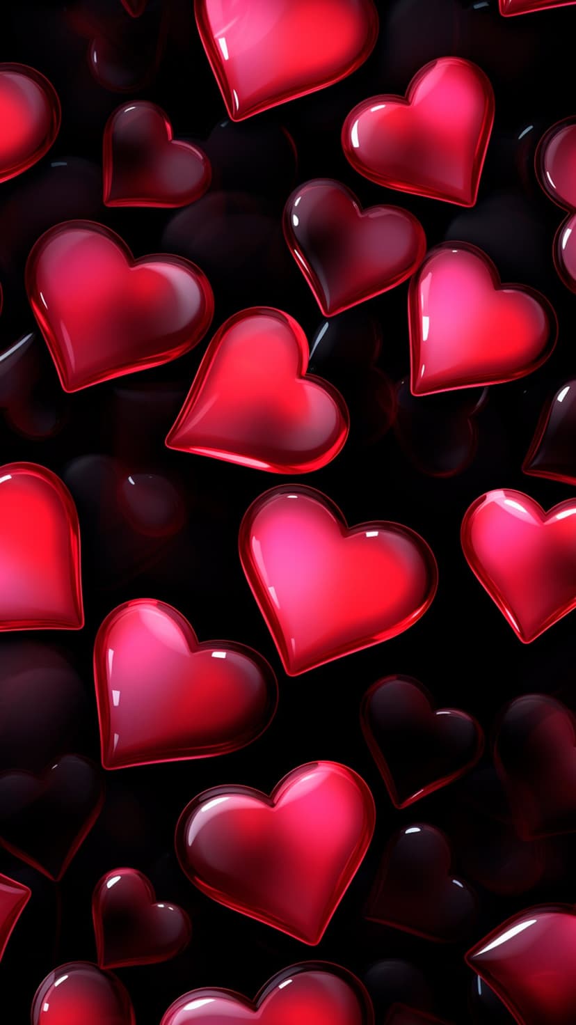 Translucent red hearts with realistic light reflections scattered across a deep black minimalist background.