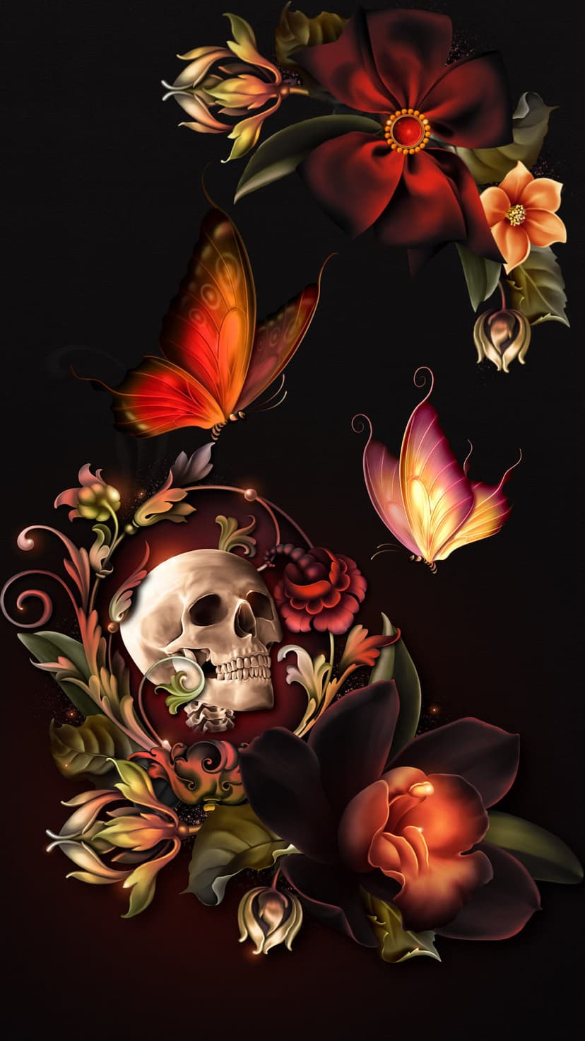 Human skull surrounded by dark roses and two bright butterflies in shades of orange and pink on a black field.