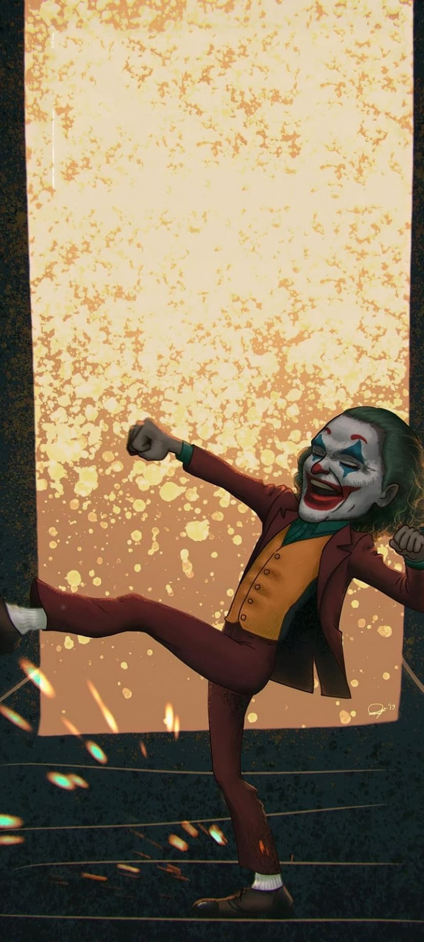 Joker performs a mid-air kick wearing his purple suit against a splattered, textured backdrop for phone screens.