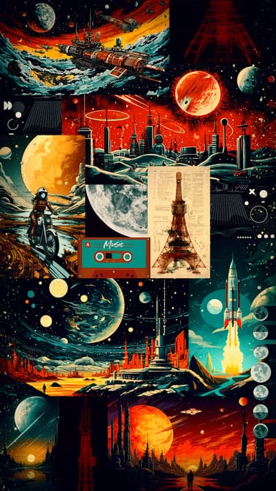Retro Sci-Fi Collage: Planets, Rockets, and Futuristic Cities
