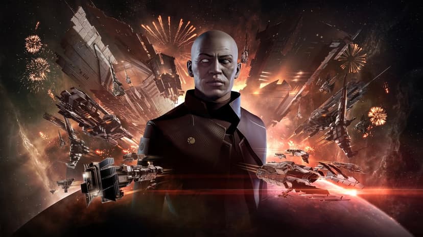 A futuristic commander stands amidst a massive fleet of spaceships and celebratory fireworks over a planet.