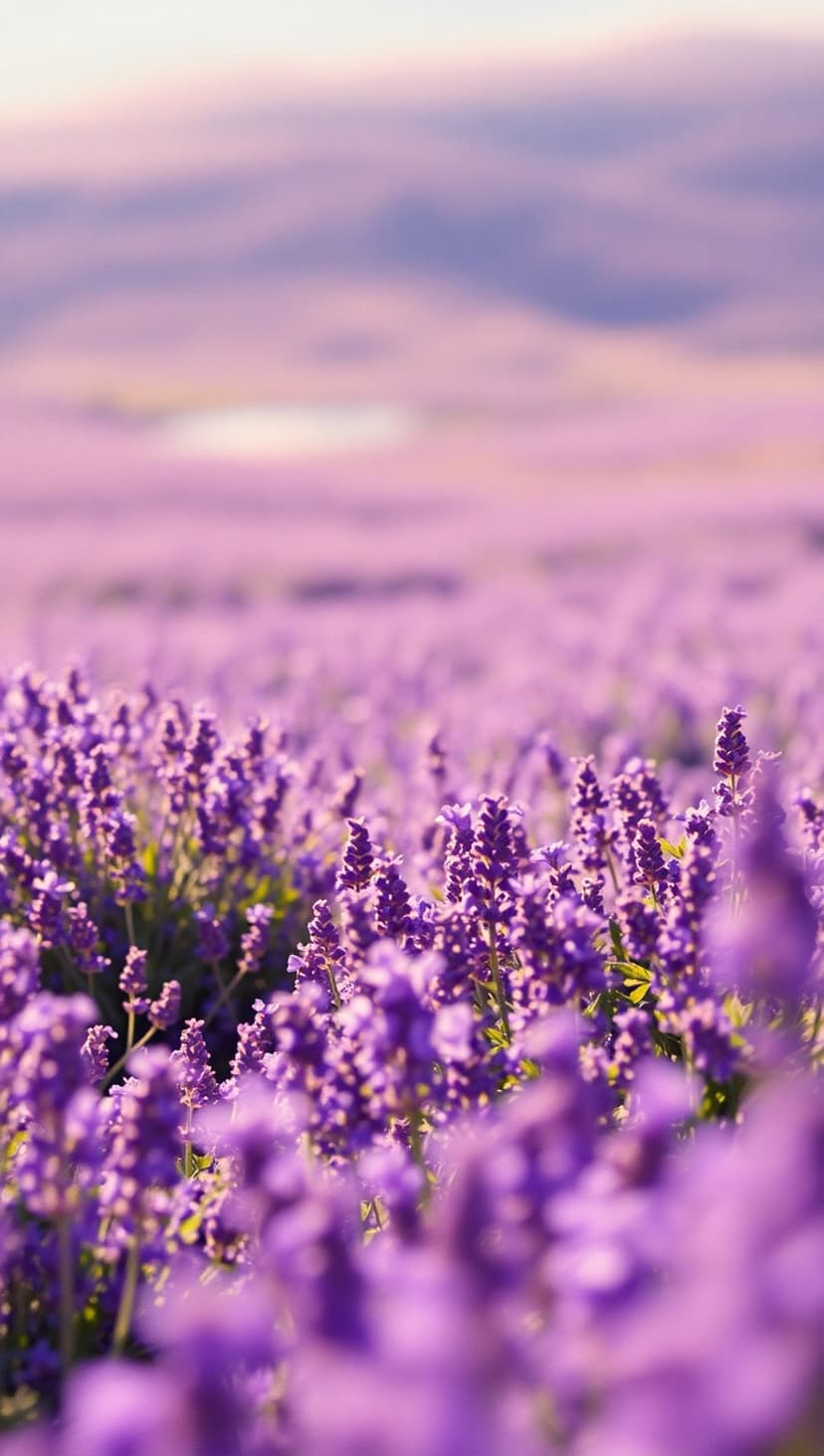 Lavender flower stalks with violet petals transition into a soft bokeh background of a sunny floral field.