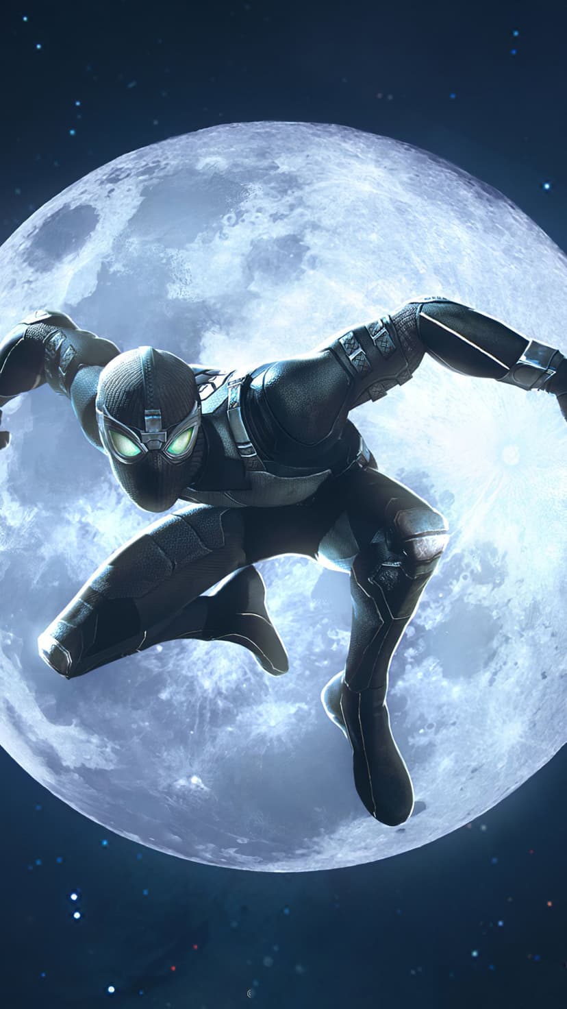 Spider-Man in a black suit with glowing green eyes silhouettes against a large white full moon at night.