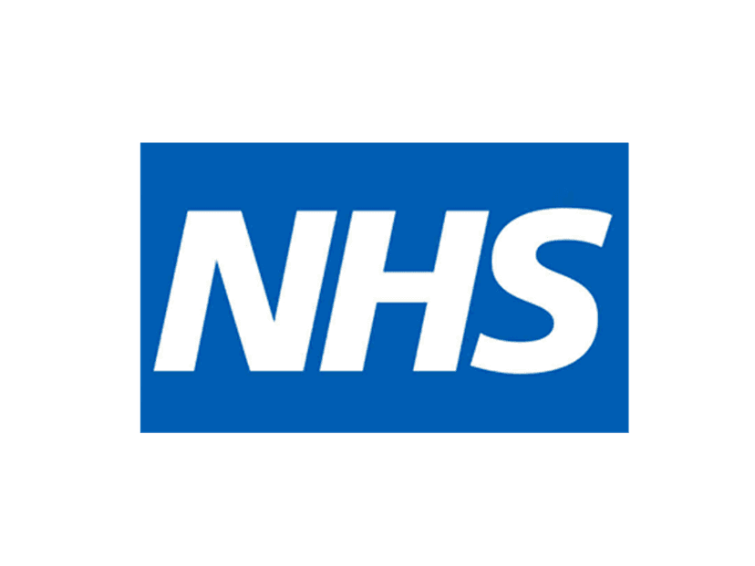 NHS healthcare logo features white italicized sans-serif lettering inside a solid royal blue rectangular block.