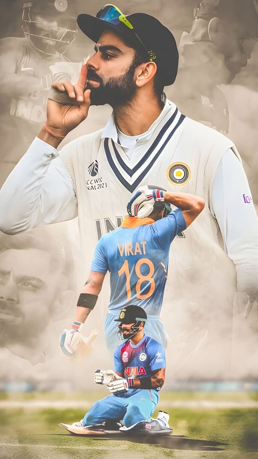 Virat Kohli roars in celebration while wearing a blue cricket kit in a multi-layered athletic action montage.