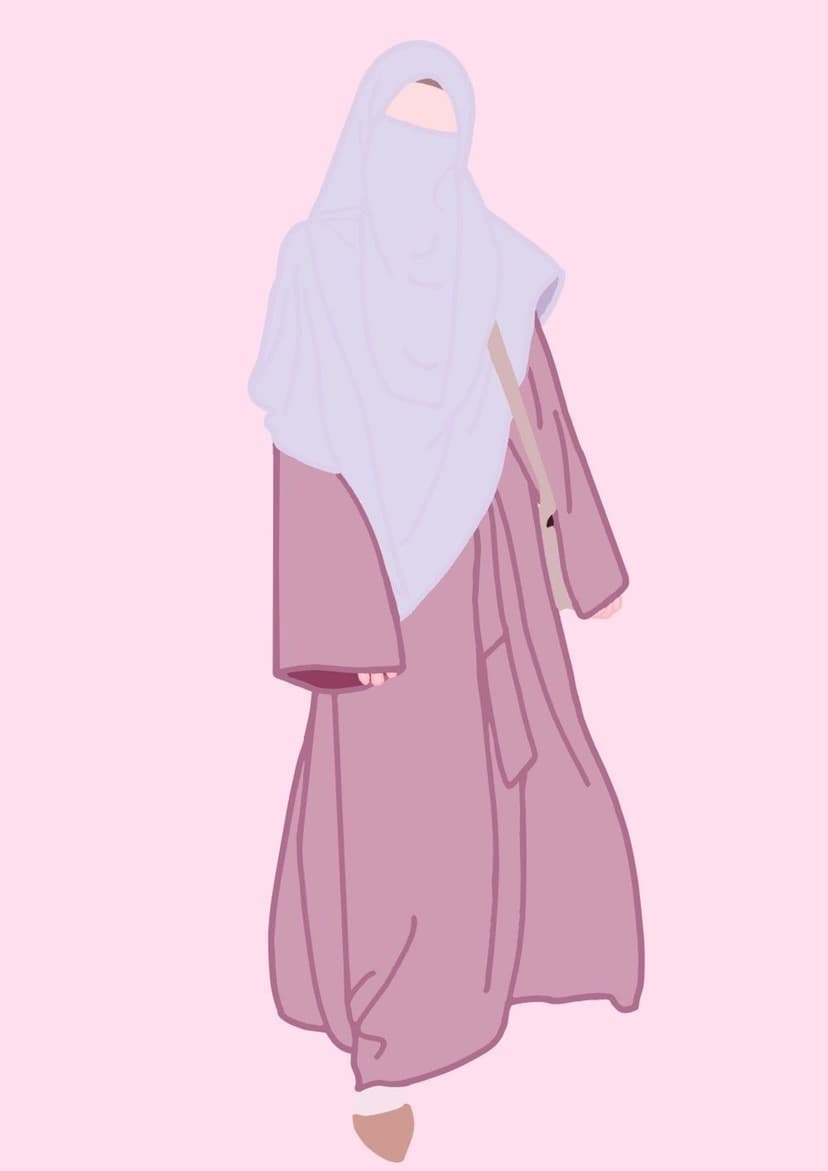 Muslim woman wears a pink abaya and white niqab with a brown shoulder bag over a soft pink background.