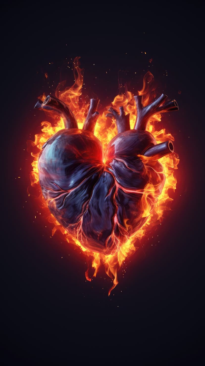 Human heart engulfed in vivid orange flames with glowing red veins against a textured black background.