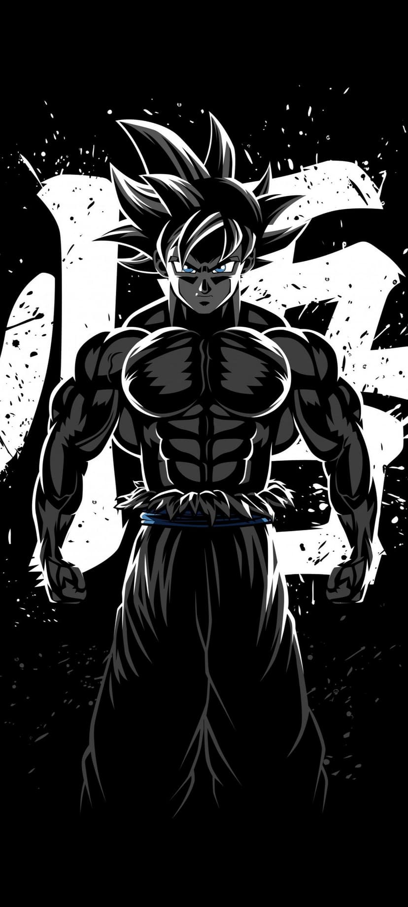 Goku reveals intense blue eyes in Ultra Instinct form against a black and white splash art background.