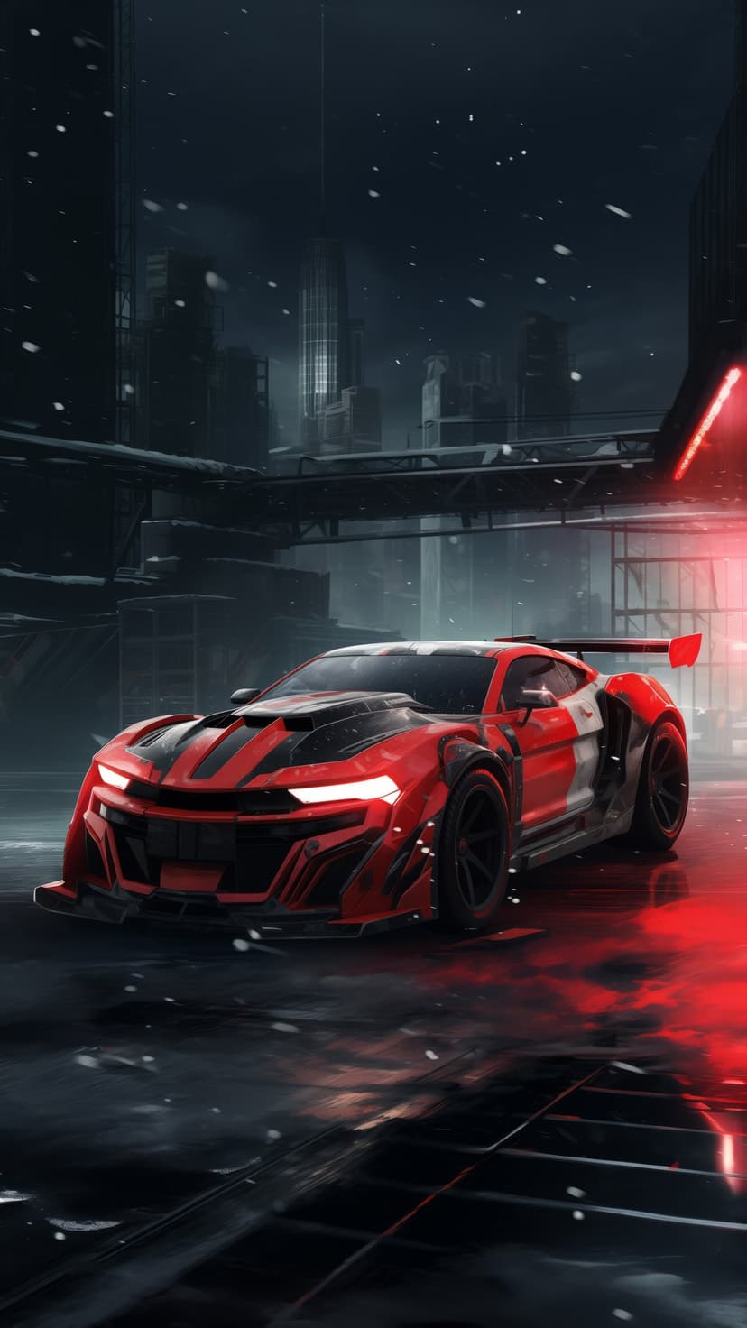 Red and black sports car with glowing lights parked on a wet street in a snowy city with tall dark buildings.