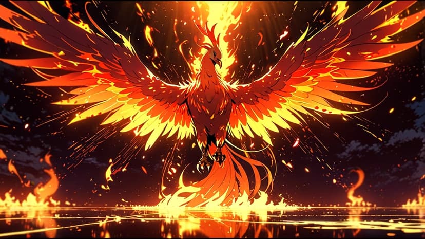 Phoenix with burning orange feathers spreads massive wings over glowing lava and dark reflective water.