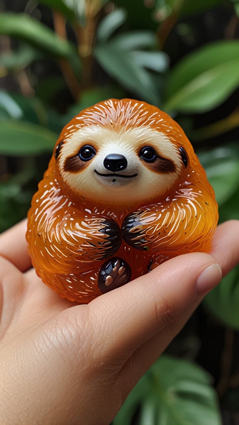 Orange sloth figurine with a smiling face sits in a palm against blurred green foliage background.