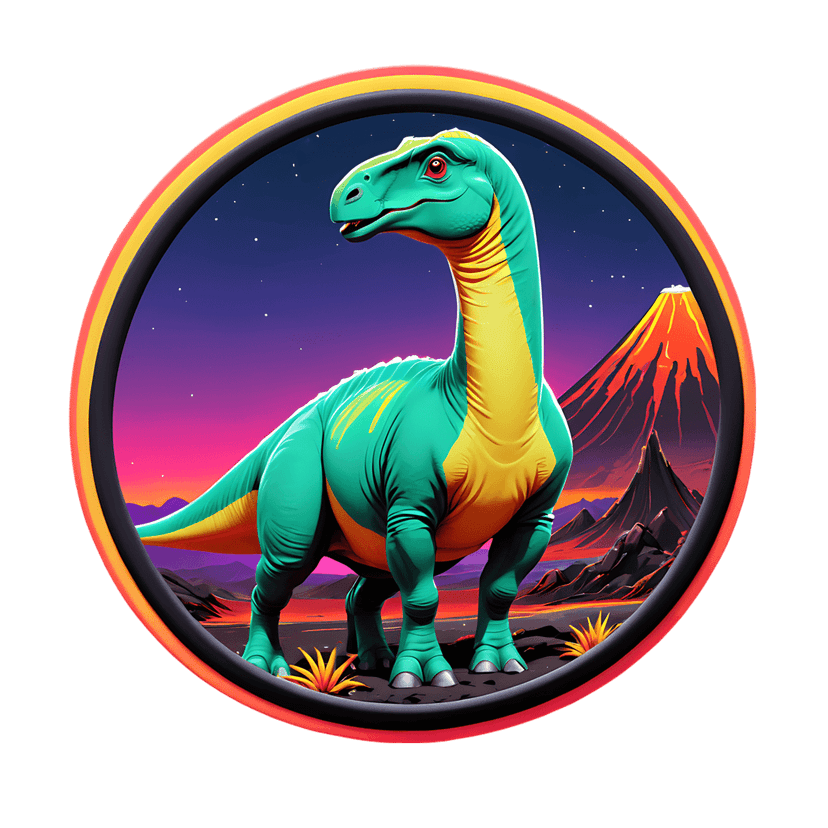 Teal sauropod dinosaur sticker with red eyes stands before an erupting volcano and purple gradient night sky.