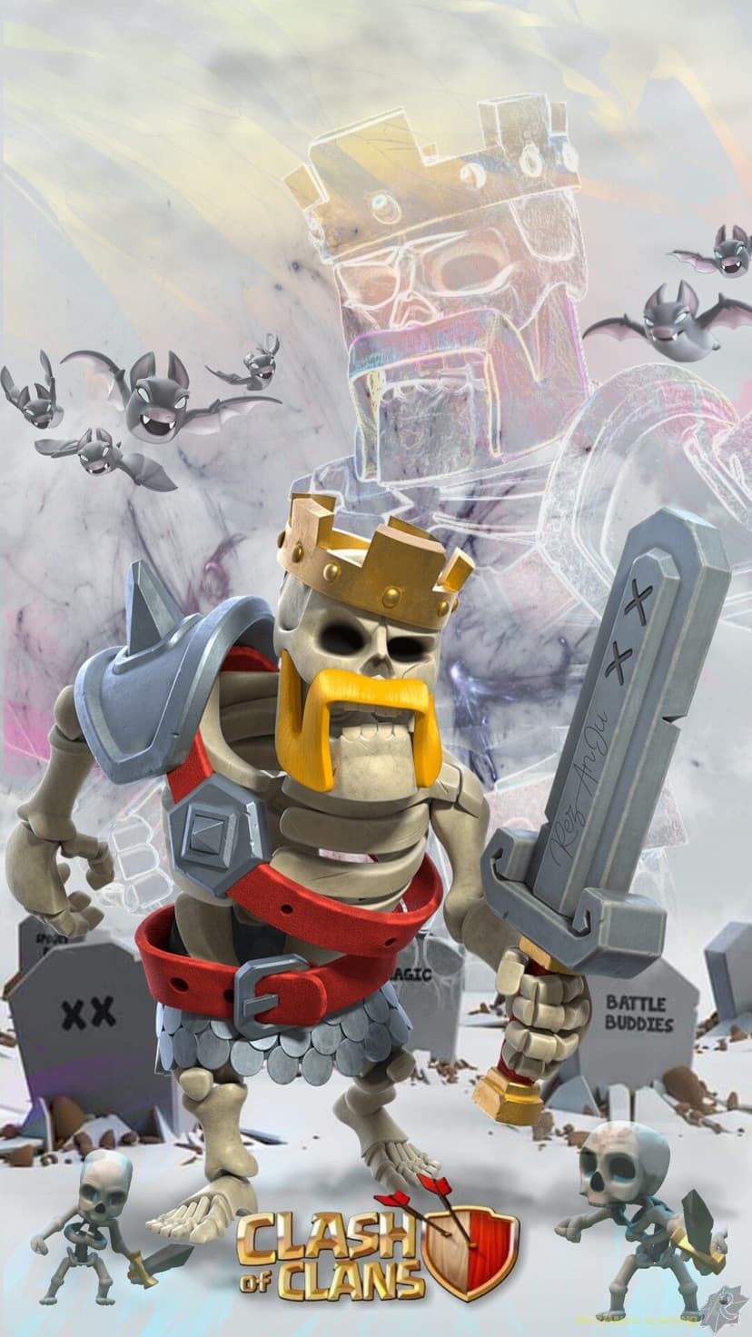 Skeleton King with a gold crown and sword stands amidst bats and skeletons in a dark, misty graveyard setting.