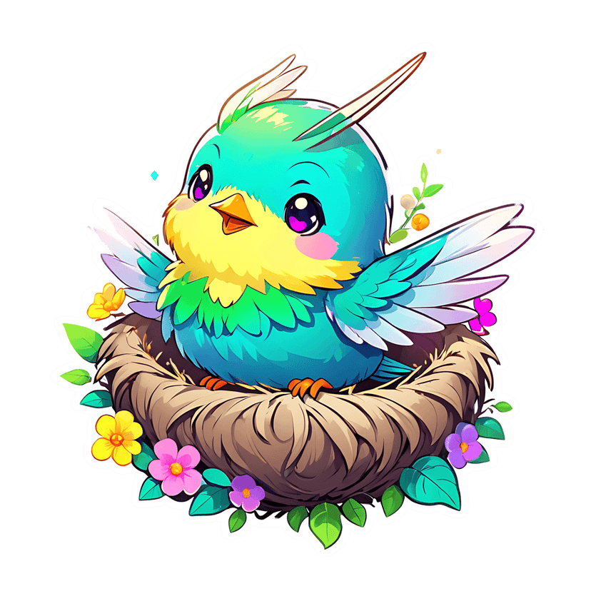 Teal bird with purple eyes sits in a twig nest surrounded by colorful spring flowers and green leaves on white.