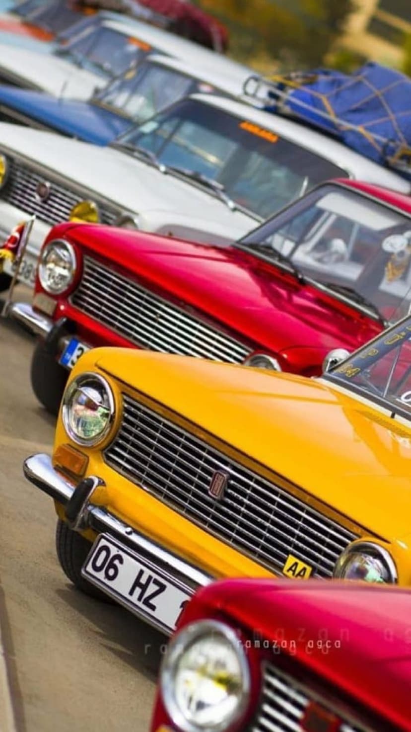 Red vintage car with chrome details leads a row of colorful classic vehicles in a vertical car show perspective.