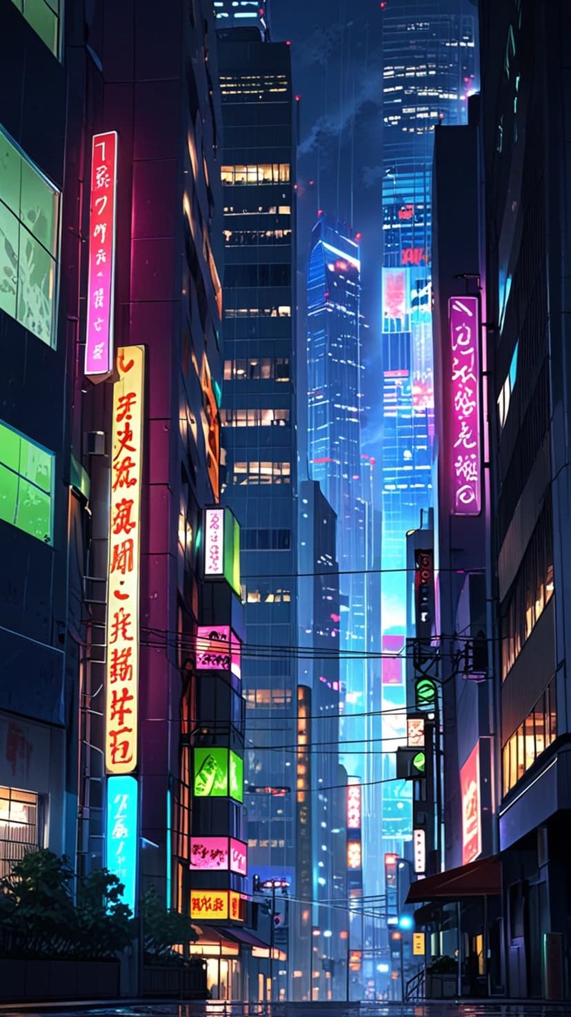 Towering skyscrapers with glowing neon signage reflect on wet streets in a vertical futuristic city at night.