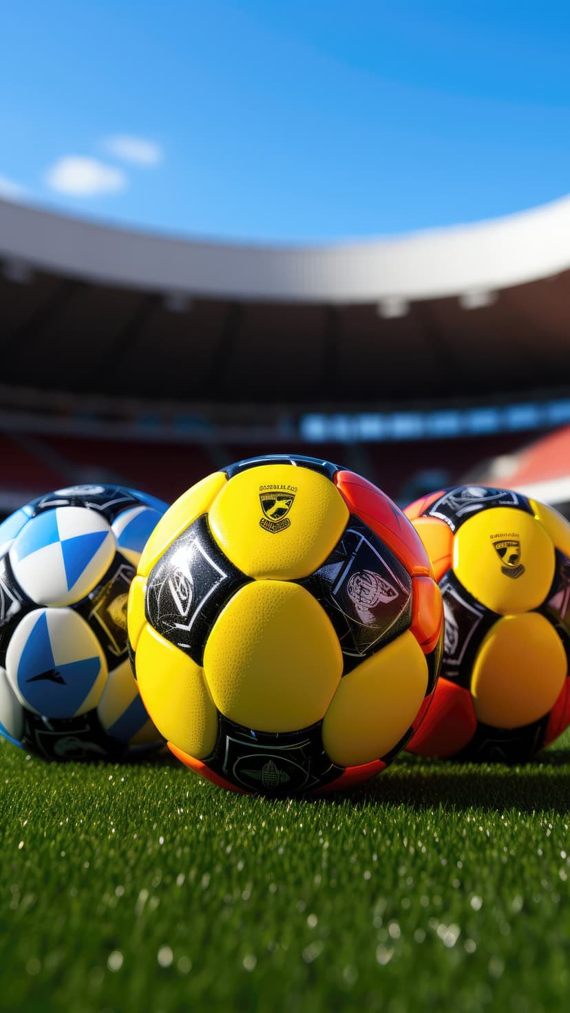 Three soccer balls with yellow, black, and blue patterns rest on blades of grass in a sunlit football stadium.