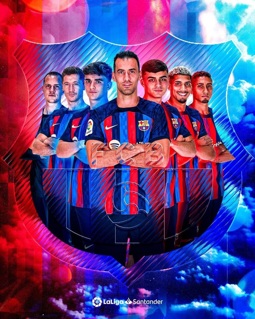 FC Barcelona football players stand in blue and red jerseys against an abstract background with the LaLiga logo.