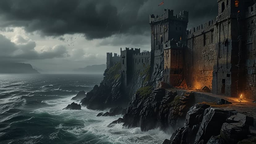 Medieval stone fortress on a jagged cliff overlooking turbulent dark ocean waves under a stormy grey sky.