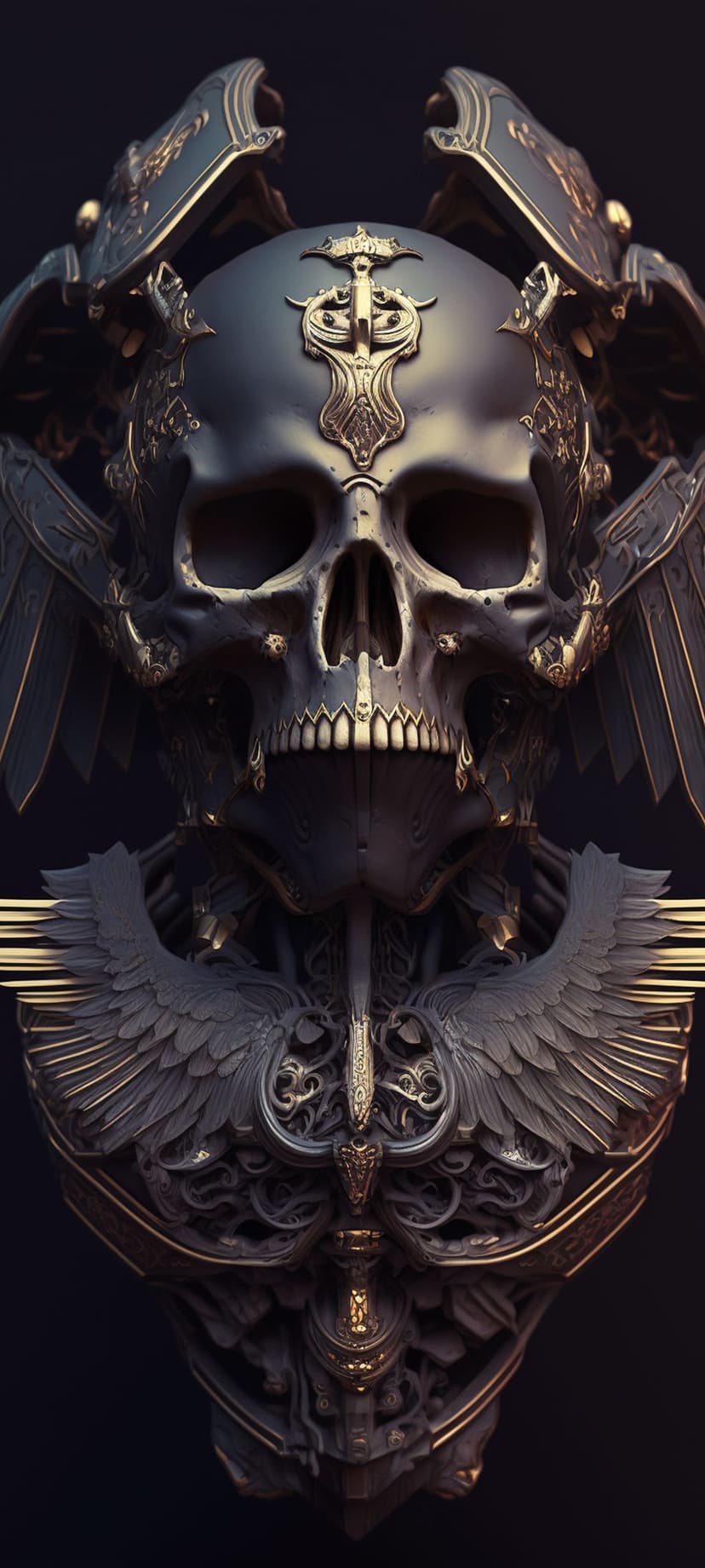 Ornate gold skull with large outstretched wings and intricate filigree details against a dark background.