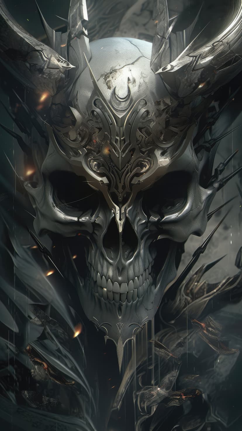 Metallic skull wearing a detailed engraved helmet with orange sparks and sharp steel edges on a dark backdrop.