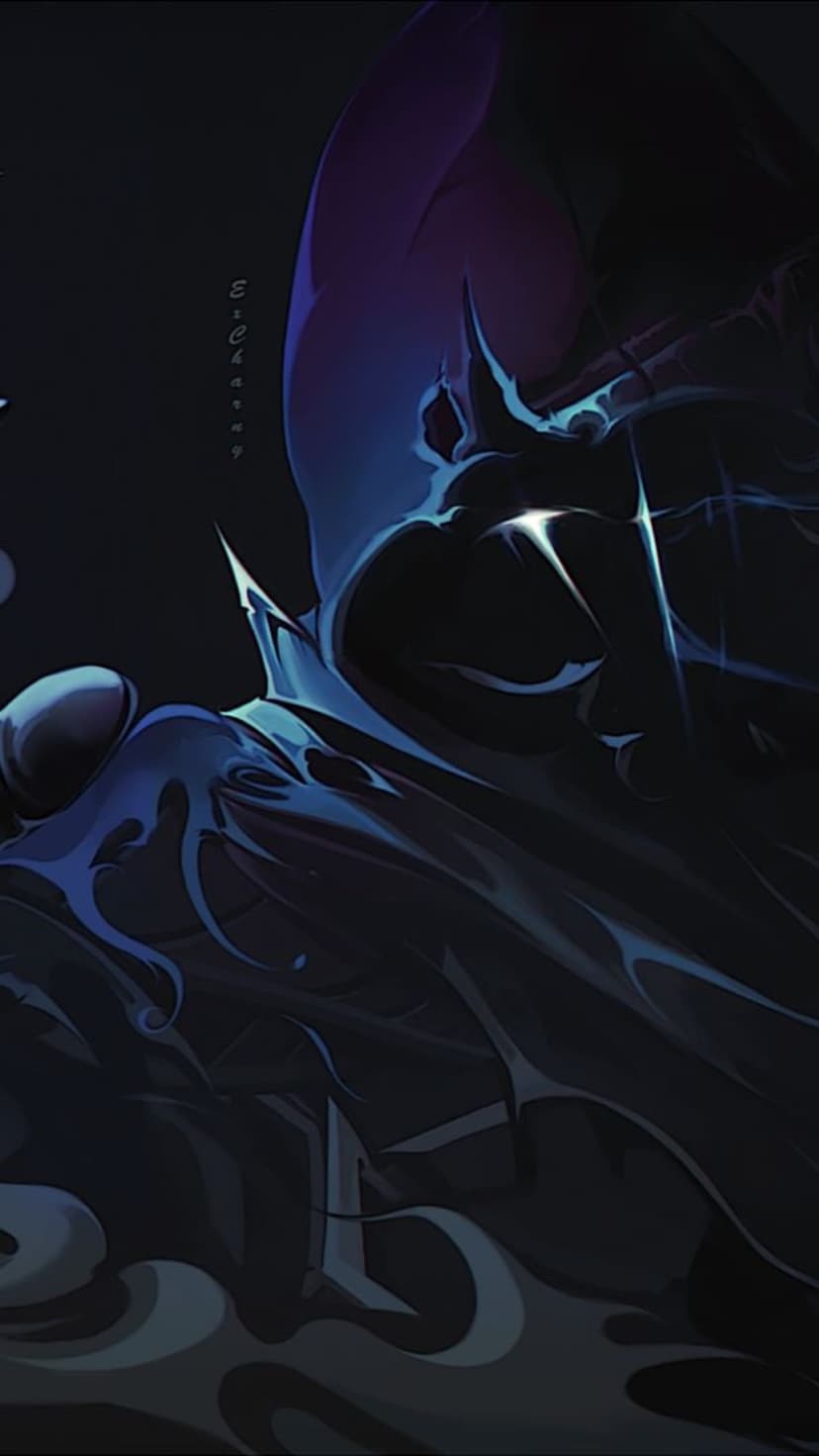 Shadowy figure with blue and purple highlights features sharp angular elements and fluid movements in darkness.