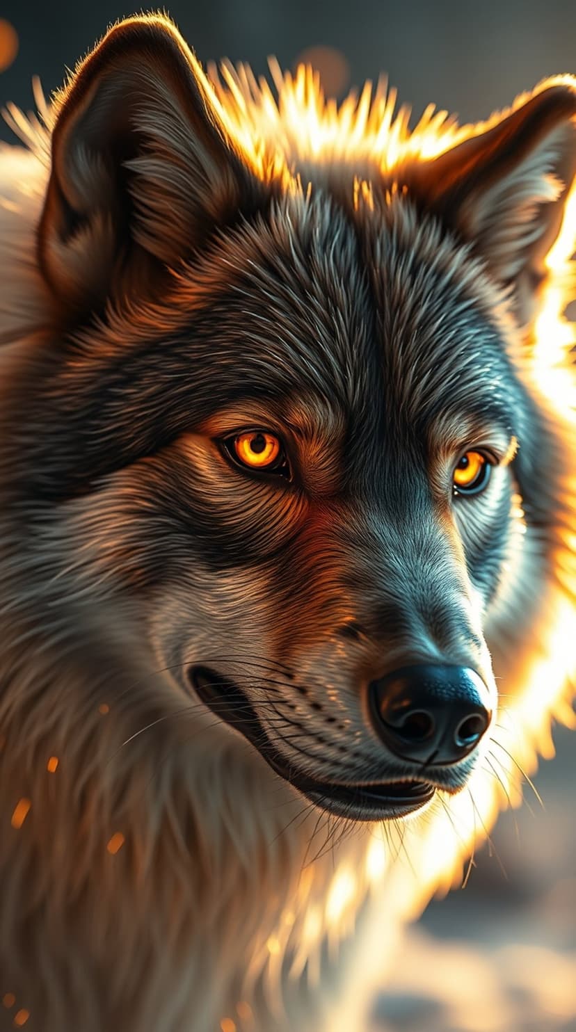 Timber wolf with glowing orange eyes and detailed grey fur illuminated by warm sunlight from behind.