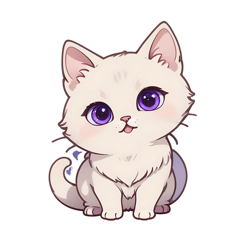 Cream kitten sticker illustration featuring purple eyes and fluffy fur, shown sitting in a front-facing pose.
