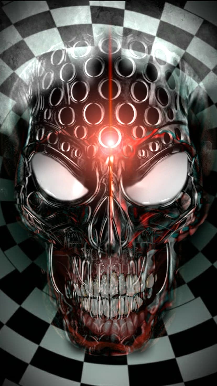 Mechanical skull with chrome teeth and a red laser beam shining from its forehead against a checkered backdrop.