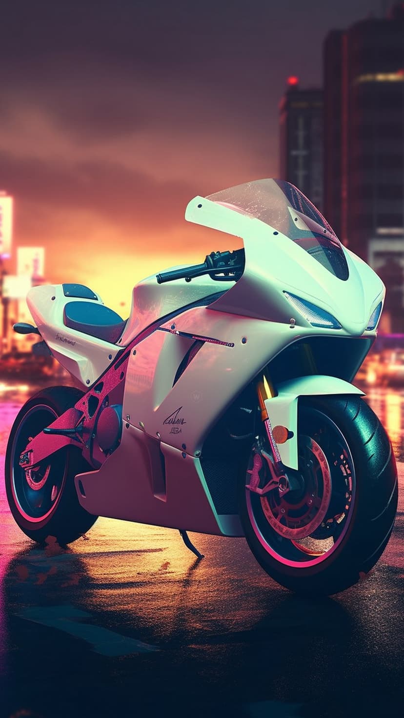 White futuristic sportbike parked on wet asphalt reflecting neon blue and pink urban lights during twilight.