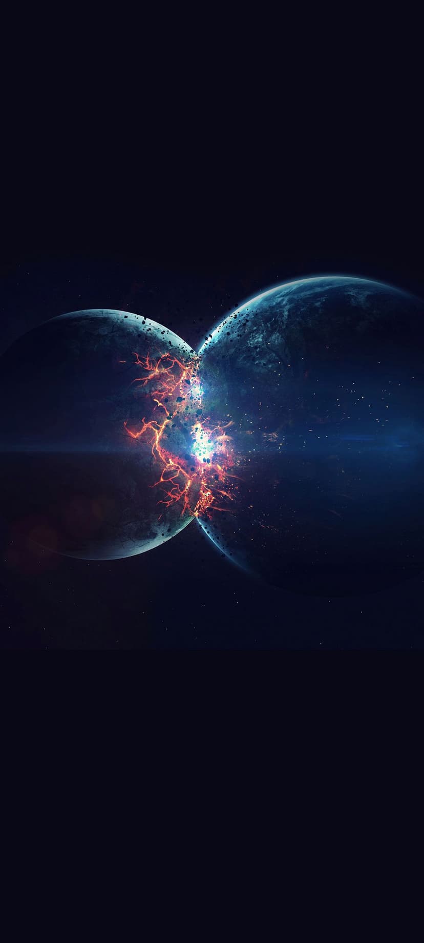 Two glowing planets collide in deep space, ejecting orange debris and blue energy against a dark starfield.