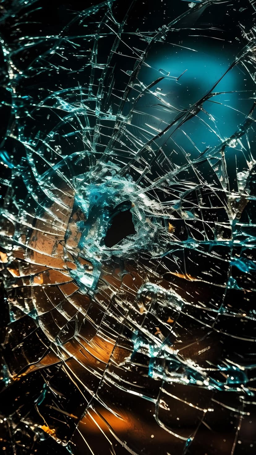 Fractured glass shards radiate from an impact point with vibrant blue and amber reflections on jagged edges.