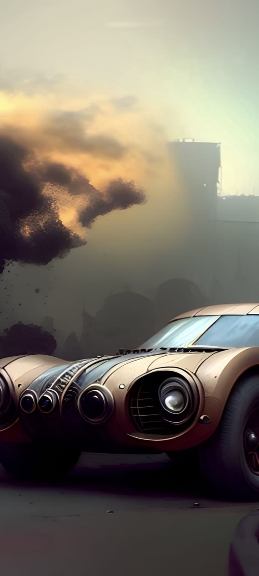 Steampunk car with copper body and exposed gears sits in a foggy industrial landscape with dark smoke billowing.