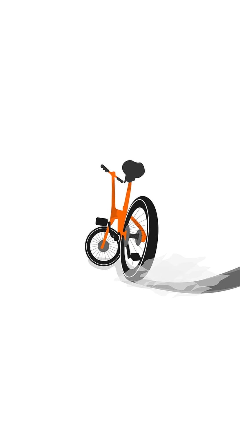 Orange bicycle with a large back wheel and black seat casting a grey shadow on a solid white background.
