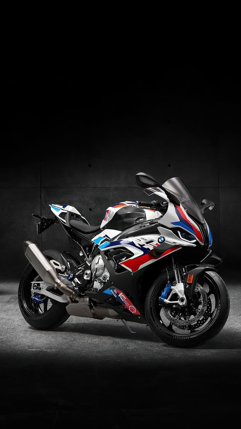 BMW S 1000 RR motorcycle with racing decals parked against a dark background in a vertical studio composition.