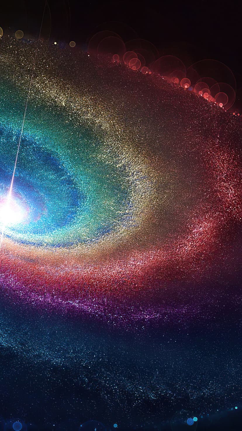 Multicolored spiral galaxy with a glowing green core and purple outer arms illuminated by a bright side light.