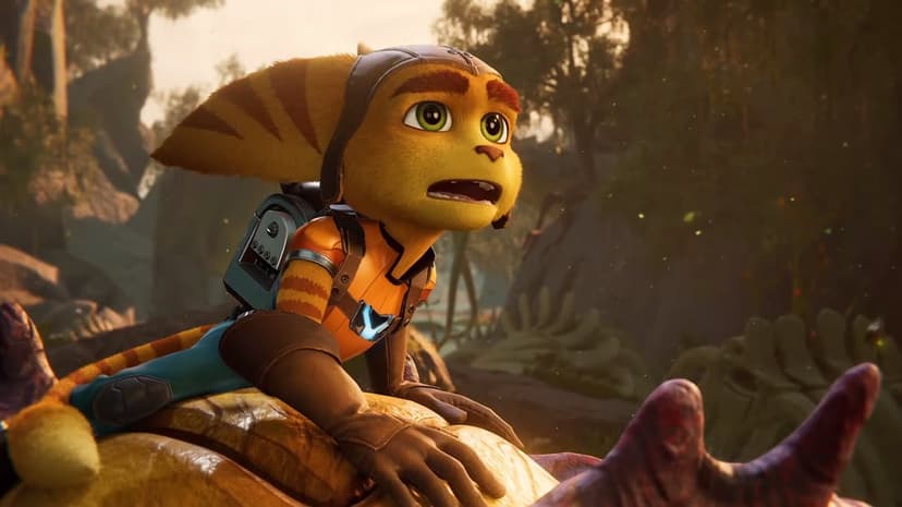 Ratchet looking up with a surprised expression in a sun-drenched jungle while sitting on a scaly creature.