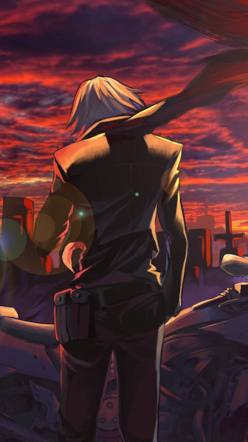 White-haired wanderer in a dark coat gazes at a ruined city under a vibrant orange and red sunset sky.