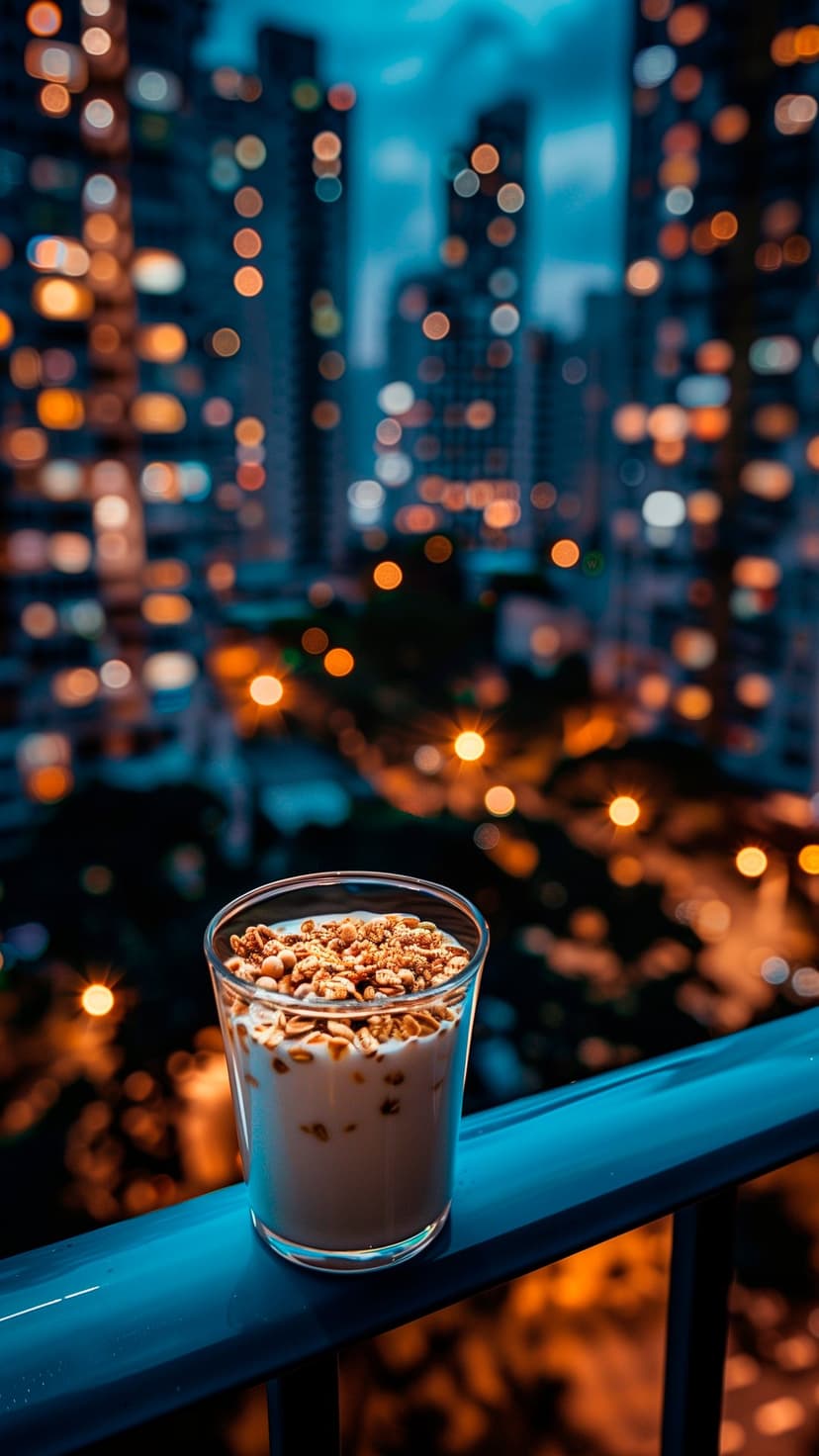 Layered yogurt parfait with granola on a balcony railing overlooking blurred city lights during the blue hour.
