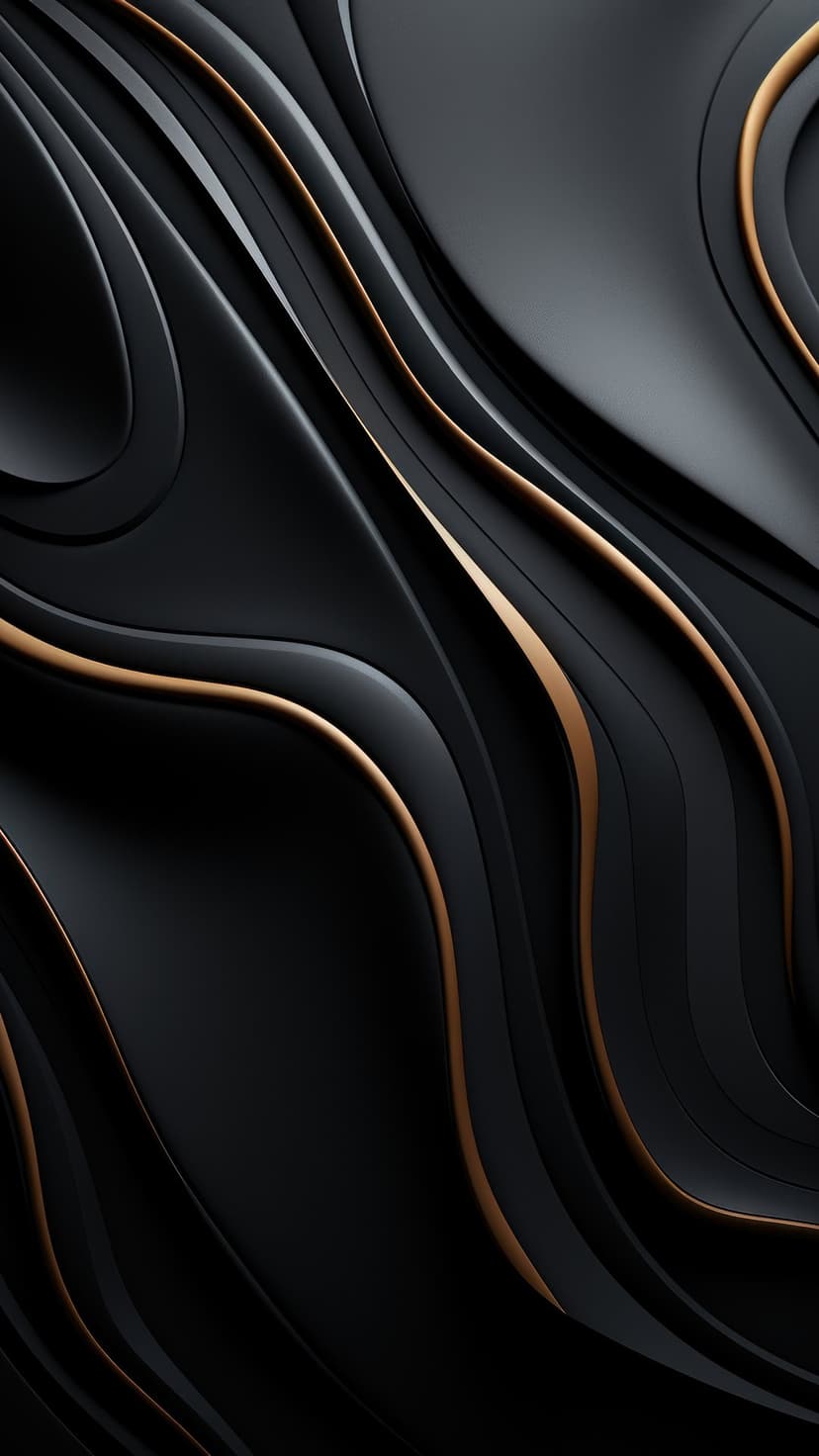Undulating black waves with thin metallic gold lines create a sense of depth and rhythmic motion across the frame.
