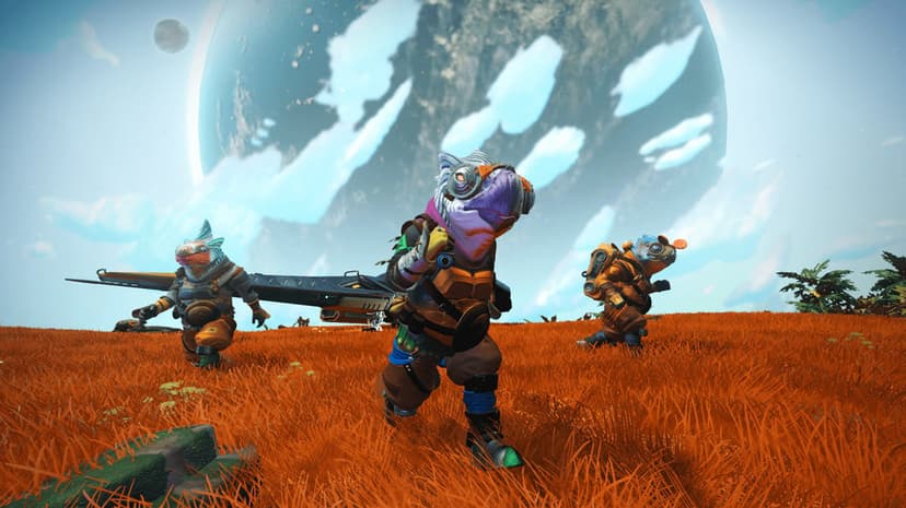 Three Gek aliens run through vibrant orange grass on a distant planet beneath a massive cratered moon.