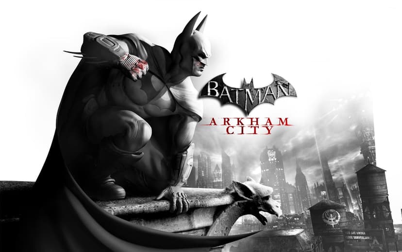 Batman crouched on a gargoyle with blood on his fist overlooking a dark monochrome Gotham City skyline at night.