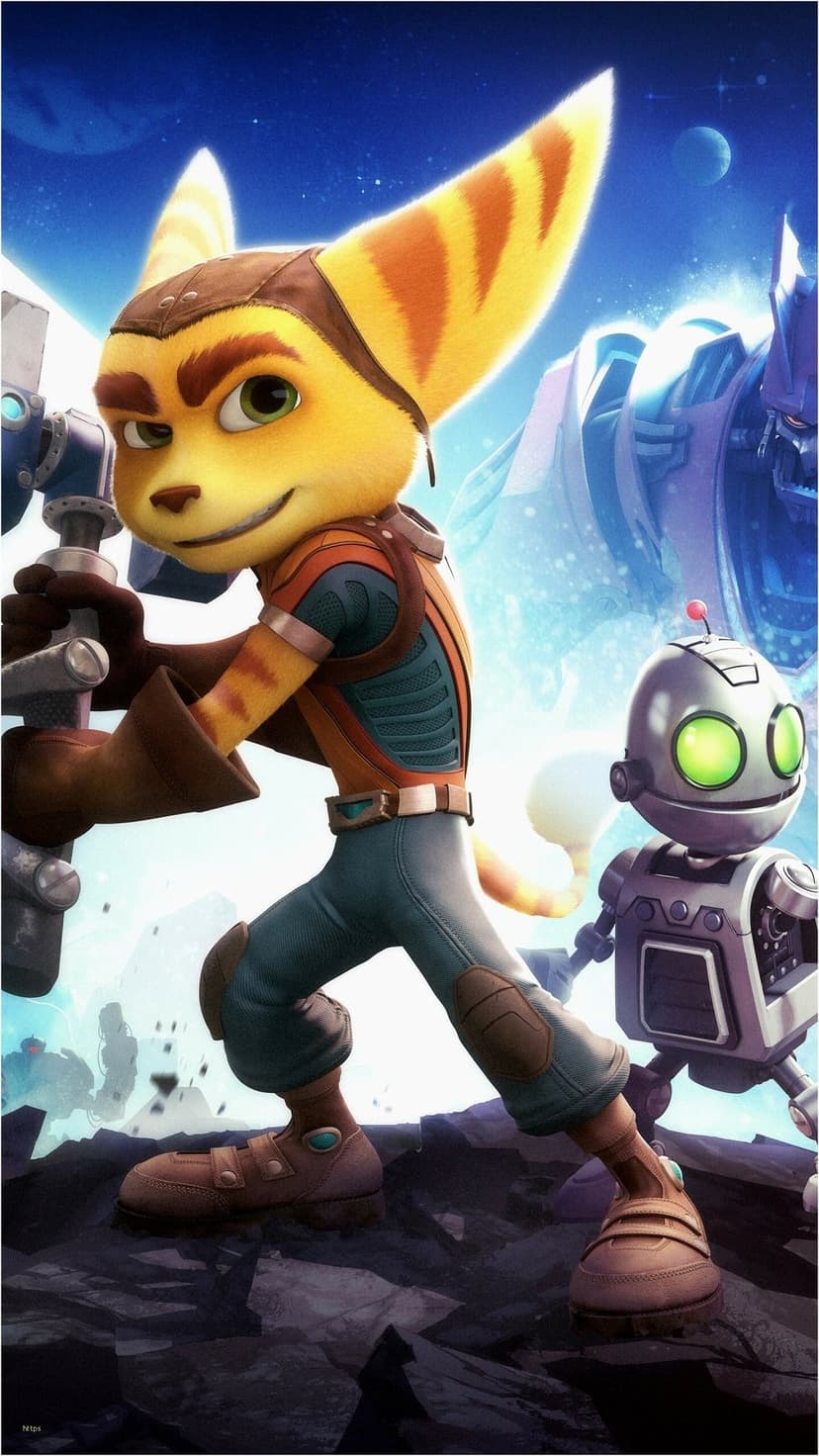 Ratchet the Lombax holding a wrench next to Clank with a giant blue robot in a starry space-themed background.