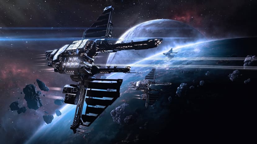 Advanced spaceships orbiting a blue planet with asteroids, nebulae, and glowing lens flares in deep space.