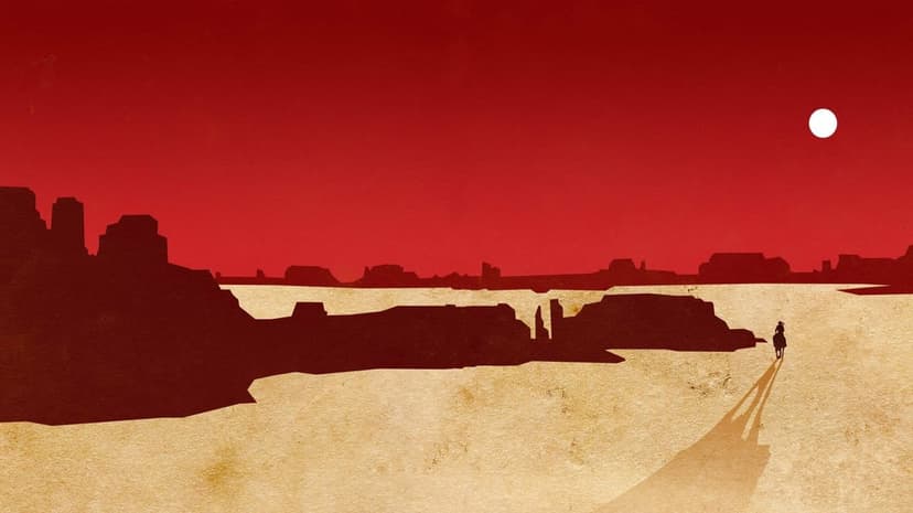 Lone rider on horseback in a minimalist red desert with mesas under a bright white sun casting long shadows.