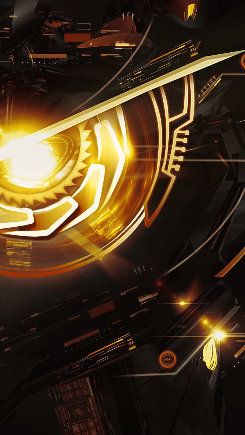 Gold circular geometric shapes and sharp metallic lines glow with amber light against a deep black background.